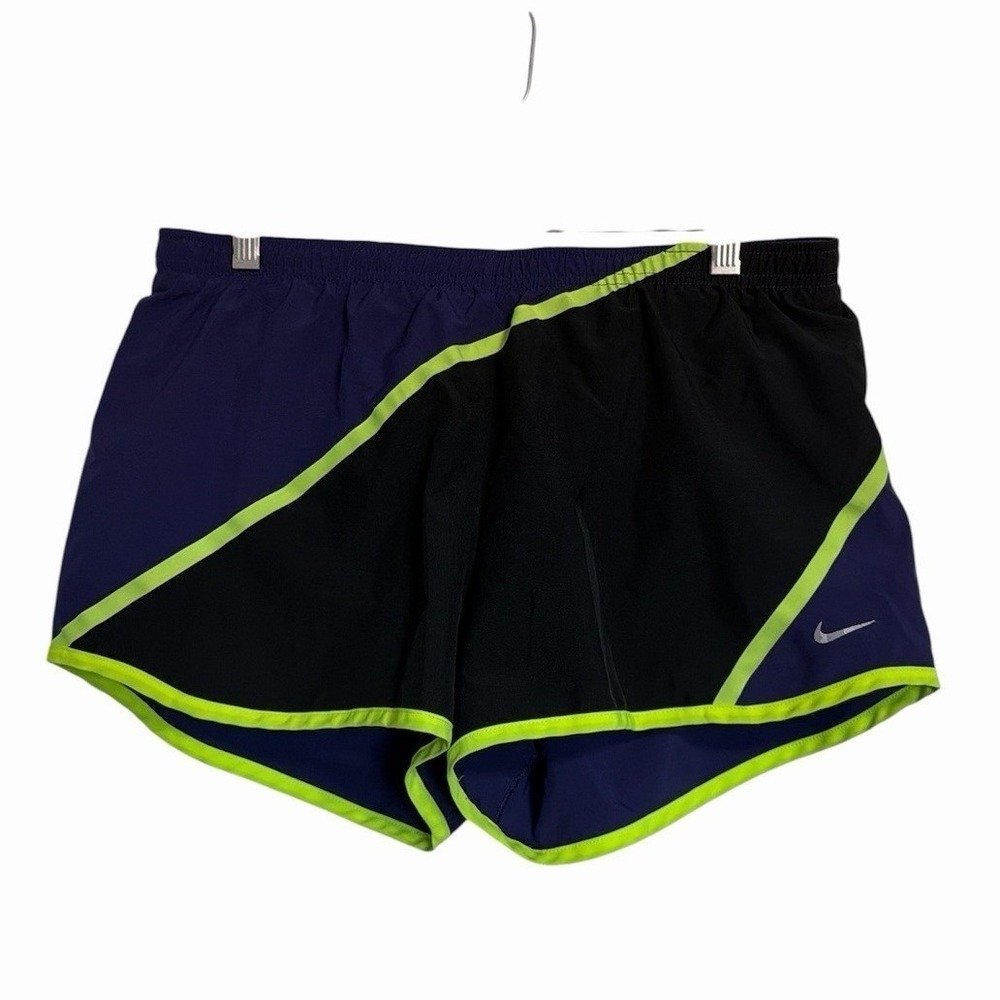 Nike Dri-FIT Running Shorts Womens‎ Medium Purple Black Neon Green Colorblock 3"